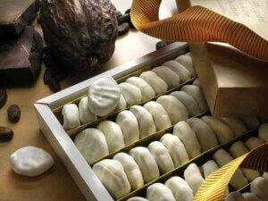 Boite avec un ruban doré s'ouvrant sur des chocolats Mentchikoffs alignés.