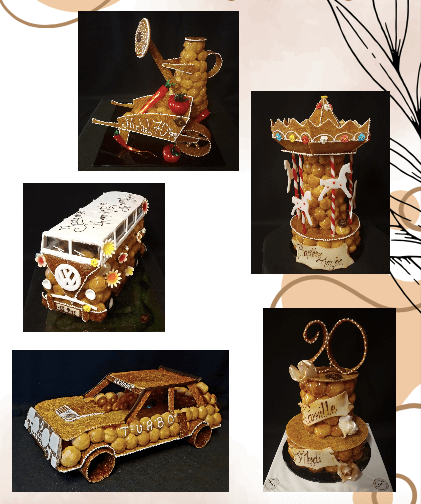 Différentes pièces montées en forme de manège, de voiture ou d'autobus.